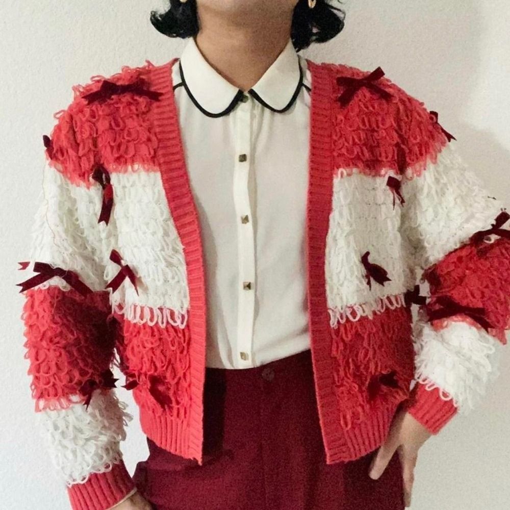 Mighty Fine Knit Cardigan Holiday Sweater Size medium Red White Velvet Bows